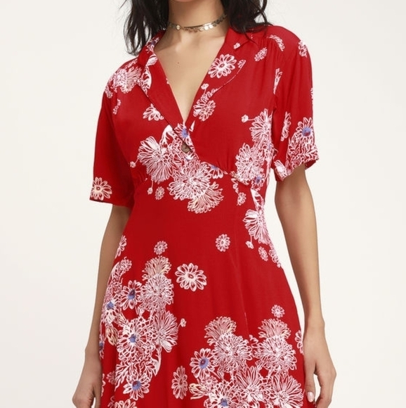 Free People Blue Hawaii Red Floral Print Short Sleeve Mini Dress S - Picture 2 of 8